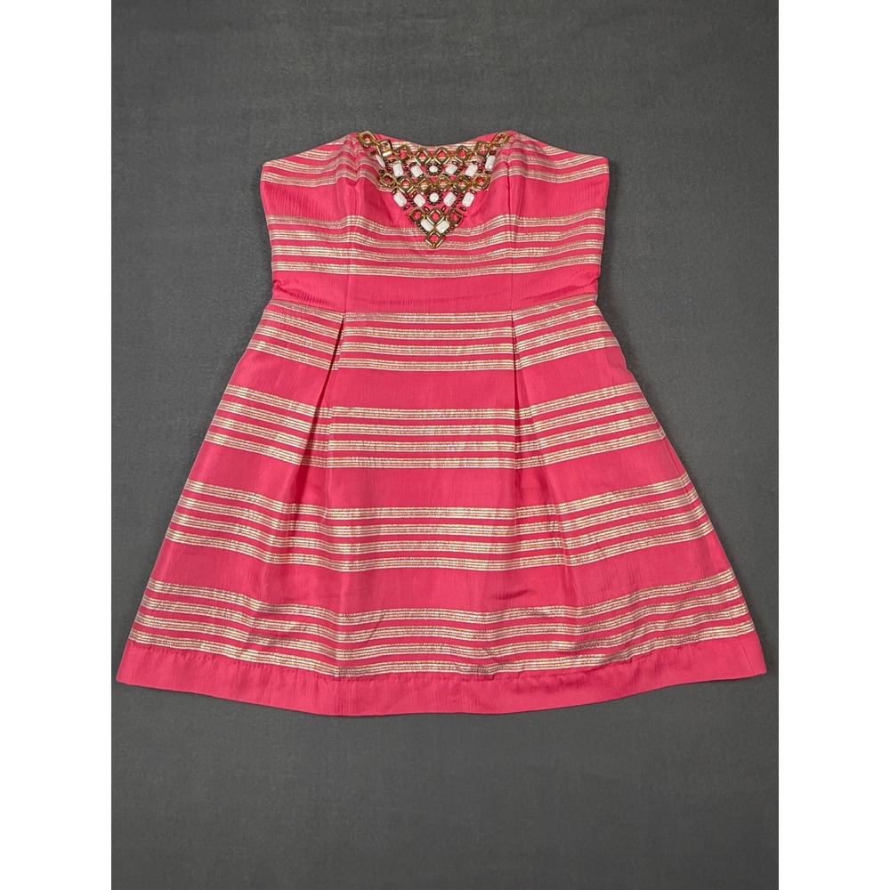 Lilly Pulitzer Pink Gold Metallic Stripe Beaded Neckline Shift Dress Resort Wear